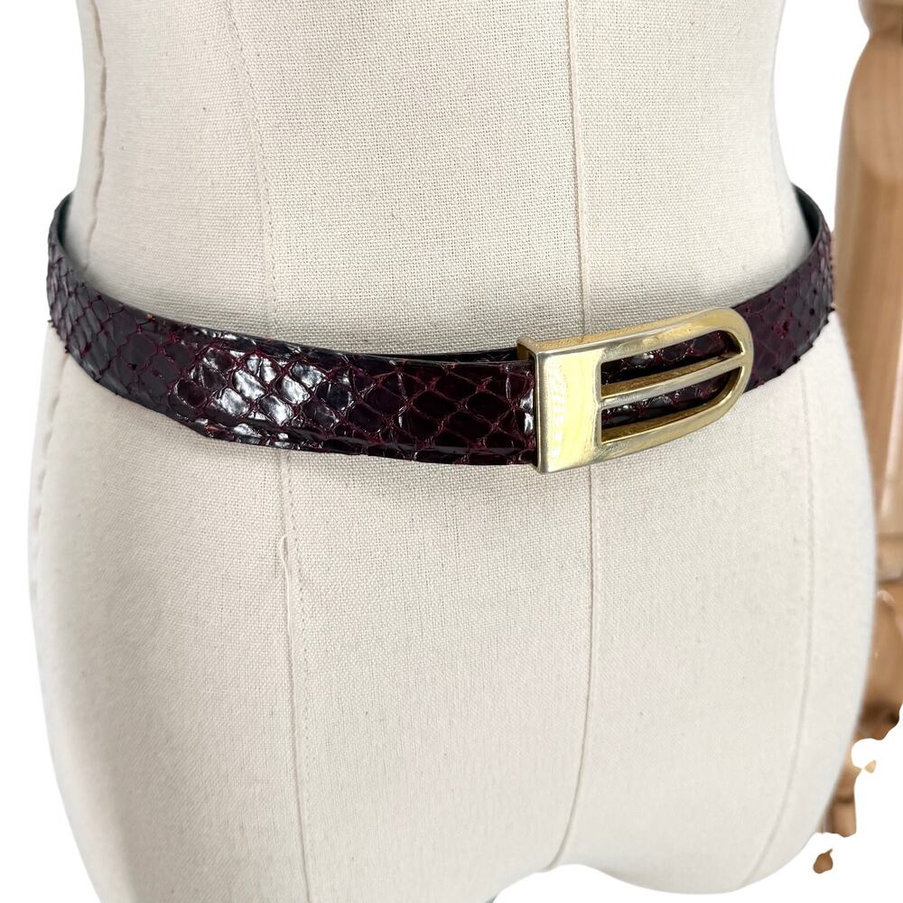 Vintage 80s Medici Burgundy Genuine Snakeskin Gold Buckle Belt